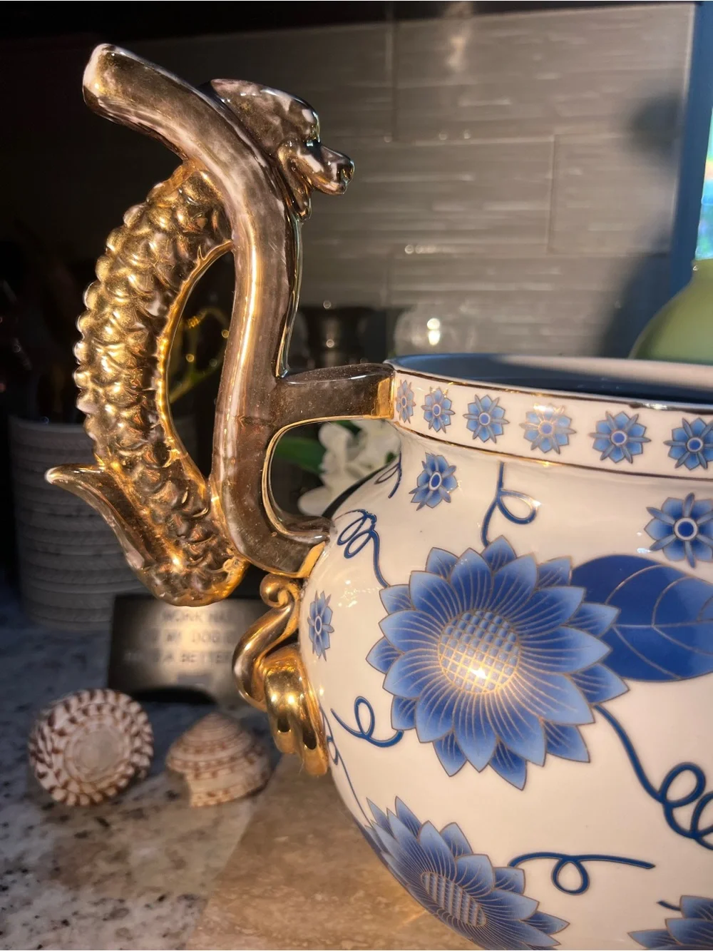 Blue Floral Porcelain Urn with Gold Dragon Handles